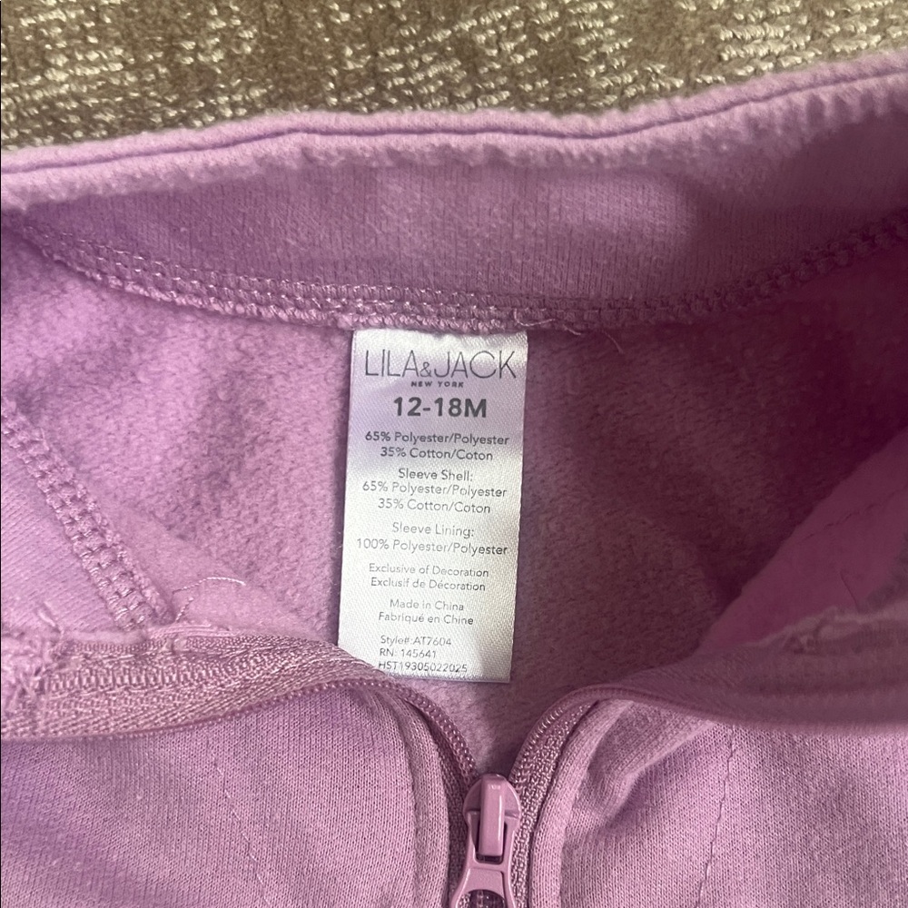 Lila & Jack Toddlers' Lavender Zip Hoodie Jacket - 12-18M